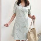 Short-sleeve Diagonal-buttoned A-line Dress