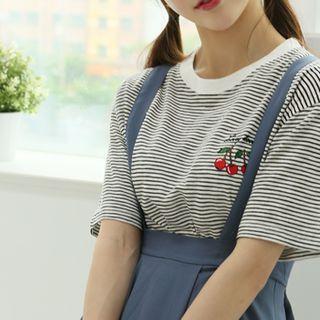 Cherry Embroidery Striped T-shirt