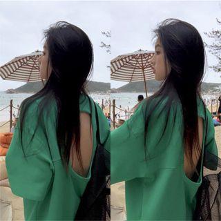 Short-sleeve Plain Open-back Loose-fit T-shirt