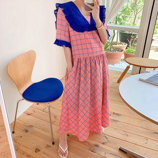 Contrast Sailor-collar Maxi Checked Dress