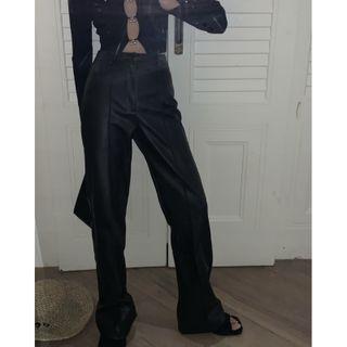 High Waist Straight Leg Faux Leather Pants / Long-sleeve Cut-out Top