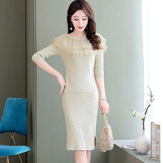 Set: Elbow-sleeve Ruffled Knit Top + Fitted Skirt