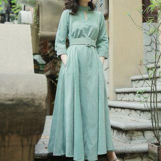 3/4-sleeve A-line Maxi Corduroy Dress With Belt