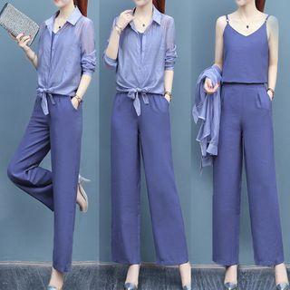 Set: Light Shirt + Spaghetti Strap Top + Wide-leg Pants