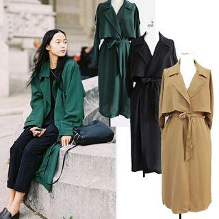 Tie-waist Open-front Midi Trench Coat