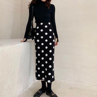 Dotted Midi Fitted Knit Skirt Black - One Size