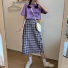 Short-sleeve Printed T-shirt + Checked A-line Skirt