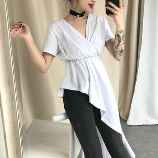 Asymmetrical Hem V-neck Plain Long T-shirt