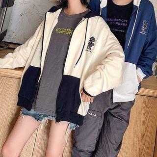 Couple Matching Two-tone Cartoon Printed Zip-up Hoodie