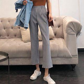 Gingham Check Boot-cut Pants Black - One Size