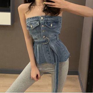 Strapless Denim Top / Boot-cut Pants