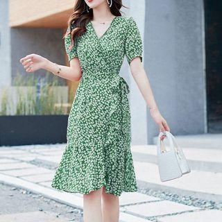 Short-sleeve Floral Print Tie-waist Mermaid Dress