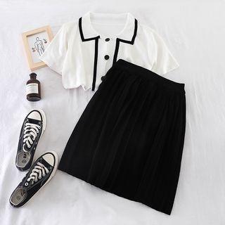 Set: Short-sleeve Blouse + High-waist Pleated Skirt