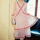 V-neck Ruffle Trim Lace 3/4-sleeve Dress
