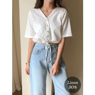 Crochet-trim Linen Blend Cropped Blouse