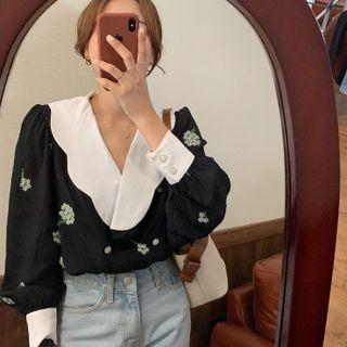 Floral Collared Blouse White Floral - Black - One Size