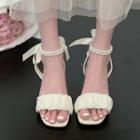 Block Heel Shirred Faux Pearl Strap Sandals