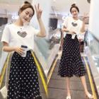 Set: Heart Print Short-sleeve T-shirt + Dotted A-line Chiffon Skirt