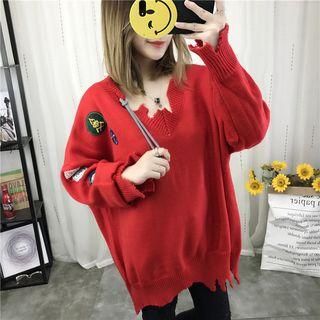 Patch Embroidered V-neck Sweater