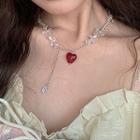 Heart Glass Faux Crystal Freshwater Pearl Necklace Red Faux Crystal - Silver - One Size