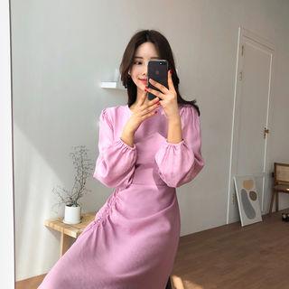 Puff-sleeve Shirred-detail Midi Dress