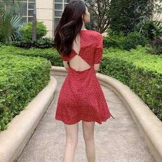 Short-sleeve Cutout Dotted A-line Dress Red - One Size