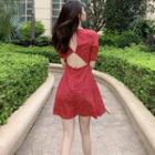 Short-sleeve Cutout Dotted A-line Dress Red - One Size