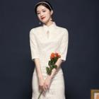Elbow-sleeve Cutout Qipao Dress