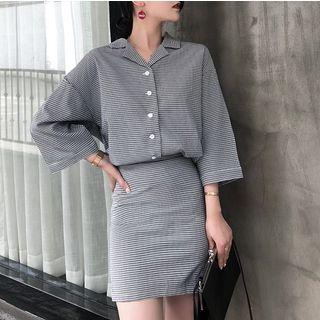 Set: Plaid 3/4 Sleeve Shirt + A-line Skirt