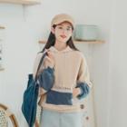 Color-block Hooded Long-sleeve Sweatshirt Almond - One Size