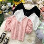 Zip-front V-neck Puff-sleeve Blouse