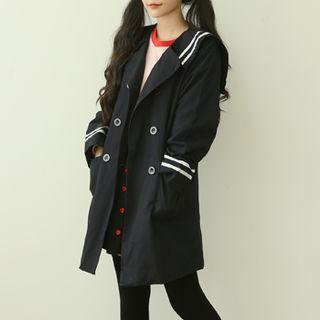 Sailor-collar Double-breasted Coat Navy Blue - One Size