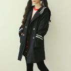 Sailor-collar Double-breasted Coat Navy Blue - One Size