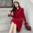Set: Contrast Trim Knit Vest + Ribbed Long-sleeve A-line Knit Dress