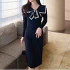 Bow-neck Knit Midi A-line Dress