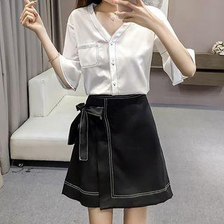 Set: V-neck Bell-sleeve Blouse + Wrap A-line Skirt