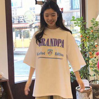 Elbow-sleeve Print T-shirt / Wide-leg Corduroy Pants