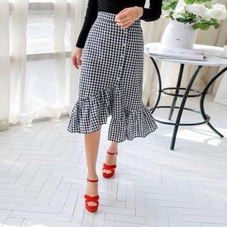 Buttoned Gingham Midi Mermaid Skirt