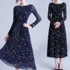 Star Embroidered Long-sleeve Midi A-line Dress