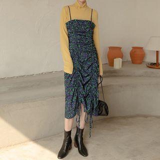Spaghetti Strap Floral Print Drawstring Midi Dress