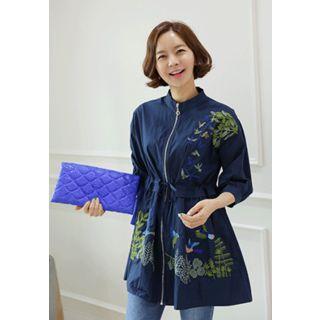 Drawstring-waist Embroidered Zip Jacket
