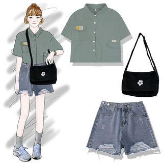 Short-sleeve Shirt / Denim Shorts / Flower Crossbody Bag
