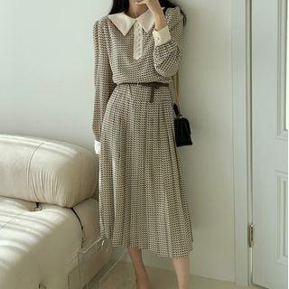 Long-sleeve Print Polo Midi Dress Ivory - One Size