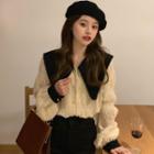 Long-sleeve Contrast Peter Pan-collar Lace Blouse Off-white - One Size