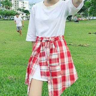Plaid Mock Two-piece Short-sleeve T-shirt Dress