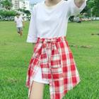 Plaid Mock Two-piece Short-sleeve T-shirt Dress