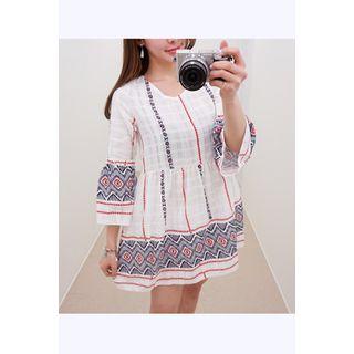 Bell-sleeve Pattern Minidress