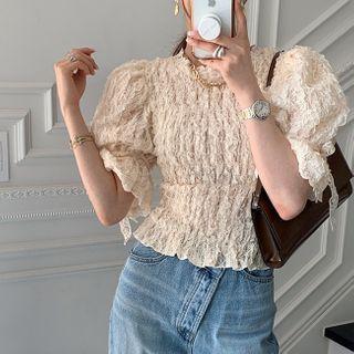 Puff-sleeve Crinkle Blouse Almond - One Size