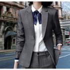 Bow Accent Contrast Trim Blouse / Plaid Single-button Blazer / Cropped Straight-fit Pants / Mini Pencil Skirt / Set