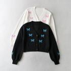 Butterfly Embroidered Cropped V-neck Cardigan